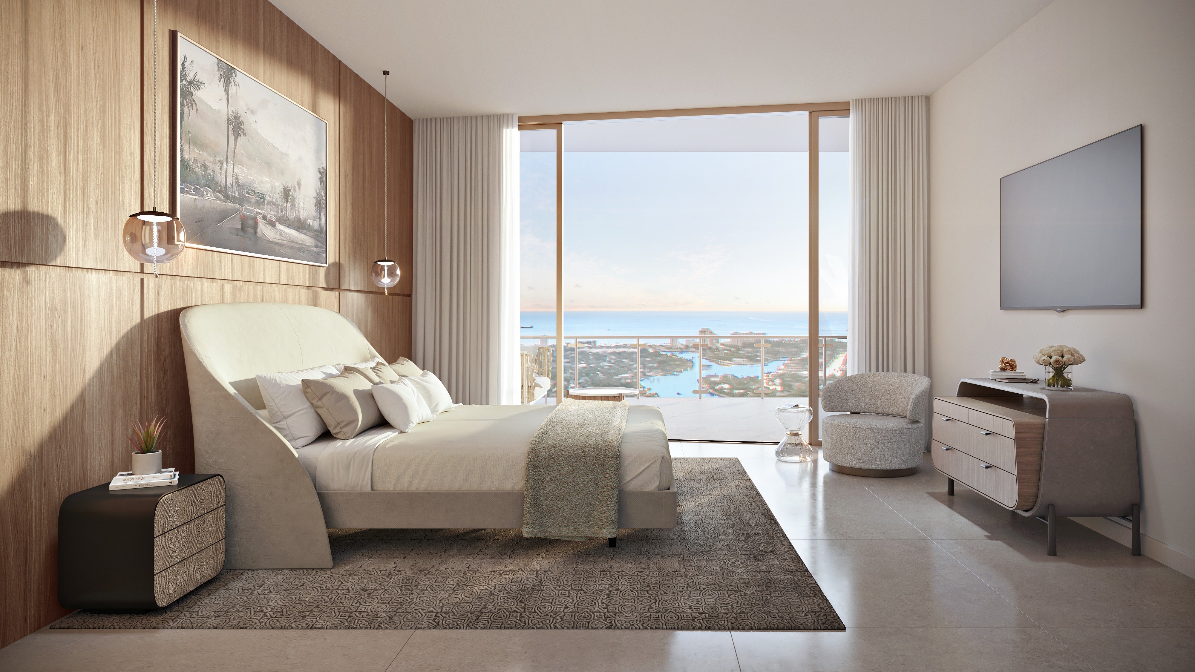 Andare Residences Fort Lauderdale bedroom with ocean view; luxury interiors for ultra luxury preconstruction condos in downtown Fort Lauderdale. Featuring modern.