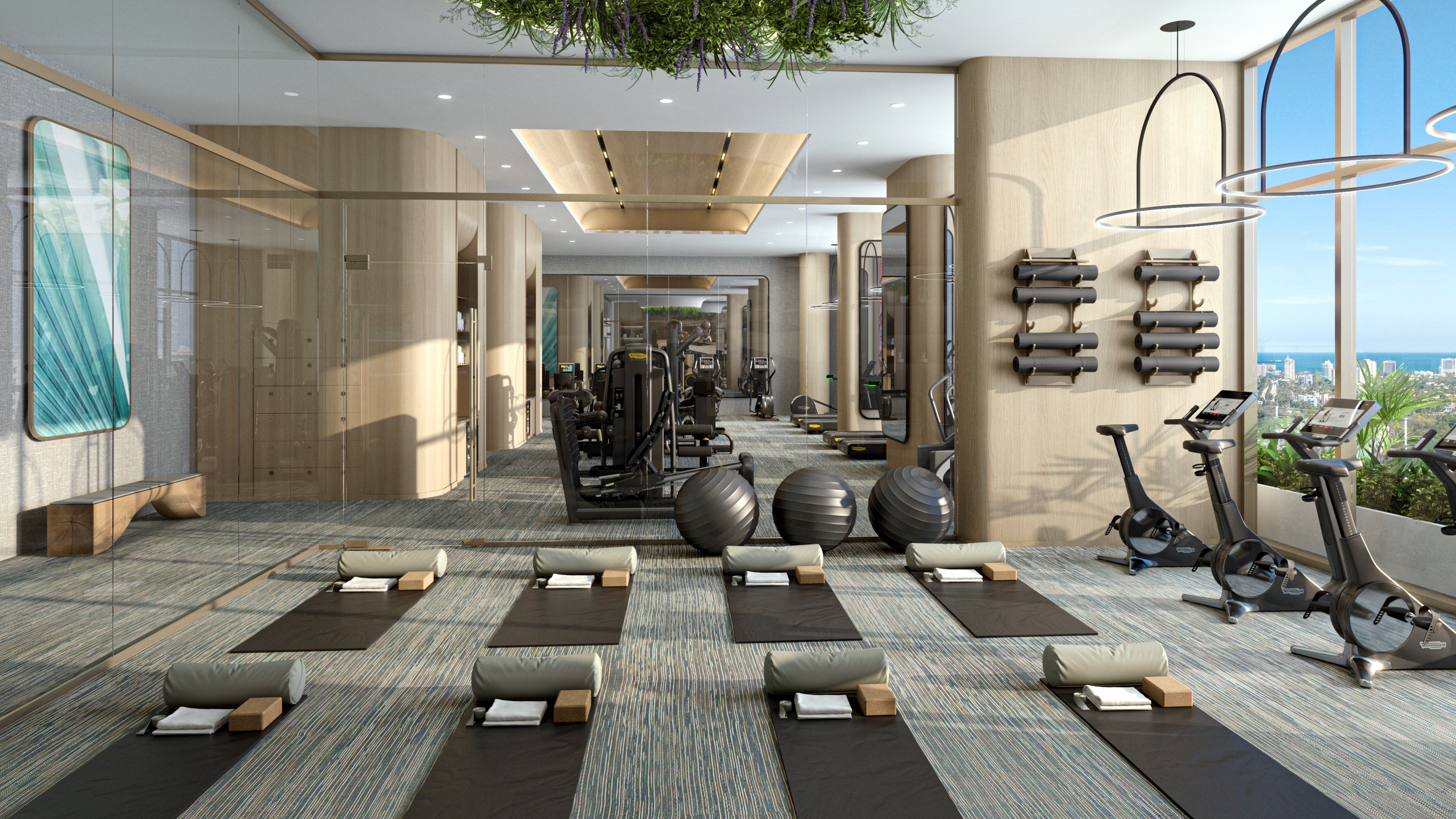 Andare Residences Fort Lauderdale fitness studio; luxury wellness amenity for ultra luxury preconstruction condos in downtown Fort Lauderdale. Featuring modern interior.