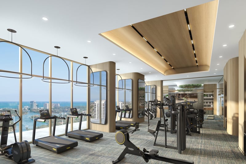 Andare Residences Fort Lauderdale gym with ocean view; luxury fitness for ultra luxury preconstruction condos in Fort Lauderdale. Featuring modern interior.