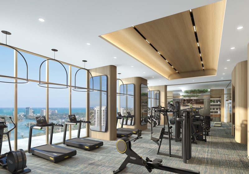 Andare Residences Fort Lauderdale gym with ocean view; luxury fitness for ultra luxury preconstruction condos in Fort Lauderdale. Featuring modern interior.