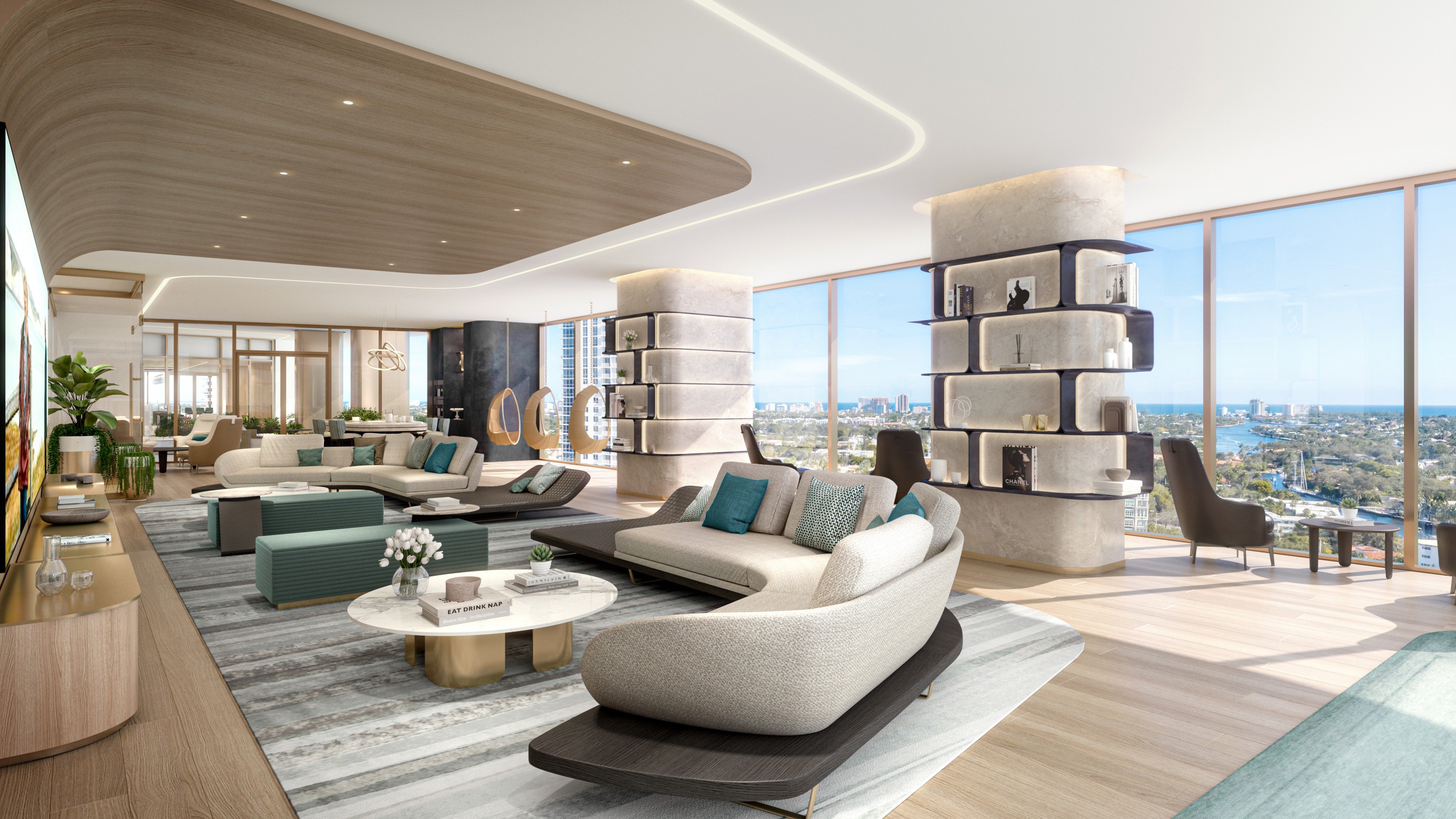 Andare Residences Fort Lauderdale living room with ocean view; luxury interiors for ultra luxury preconstruction condos in downtown Fort Lauderdale. Featuring modern interior.