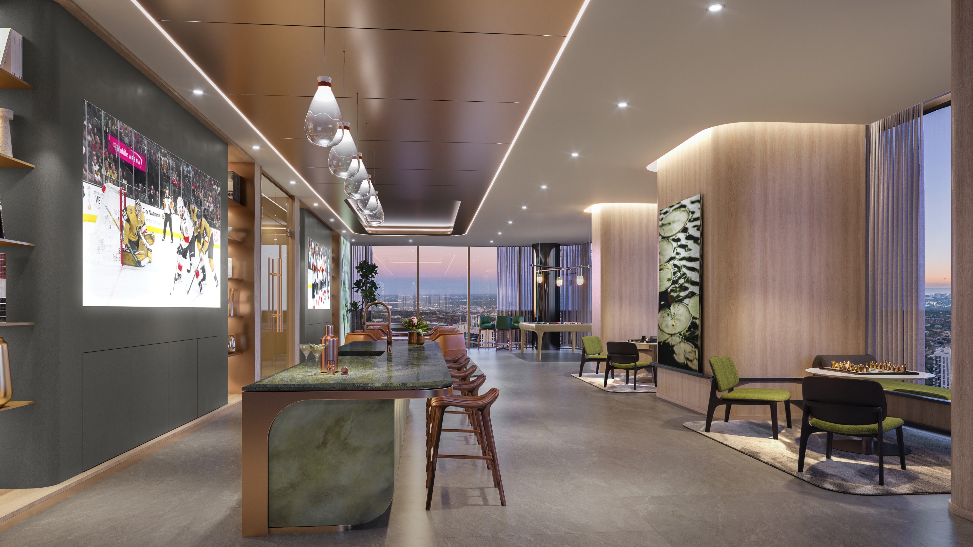 Andare Residences Fort Lauderdale living room with sports TV; luxury entertainment space for ultra luxury preconstruction condos in downtown Fort Lauderdale. Featuring modern interior and sport.