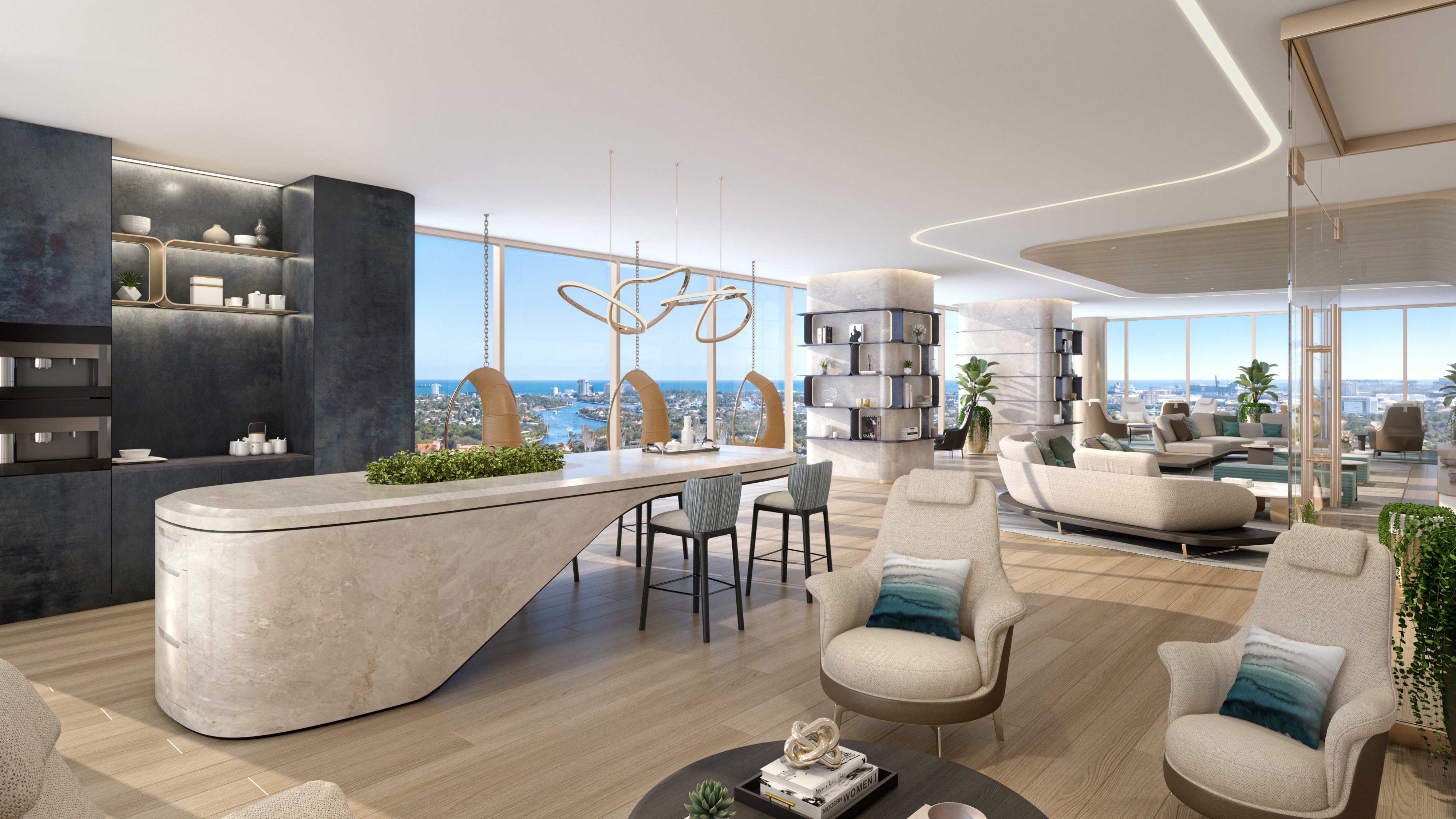 Andare Residences Fort Lauderdale living room with city skyline view; luxury interiors for ultra luxury preconstruction condos in downtown Fort Lauderdale. Featuring modern interior.