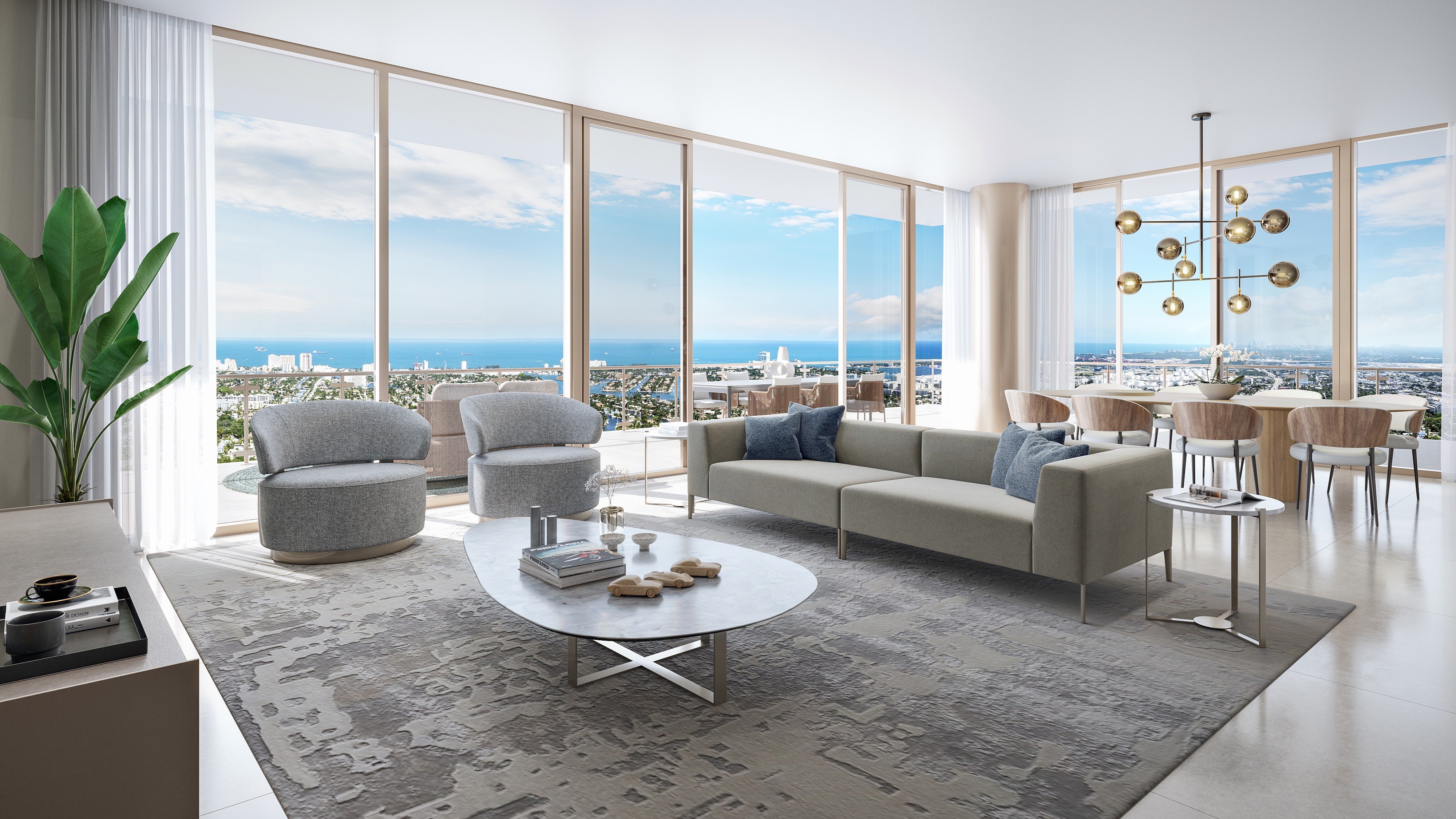 Andare Residences Fort Lauderdale living room with ocean view; luxury waterfront setting for ultra luxury preconstruction condos in Fort Lauderdale. Featuring modern.