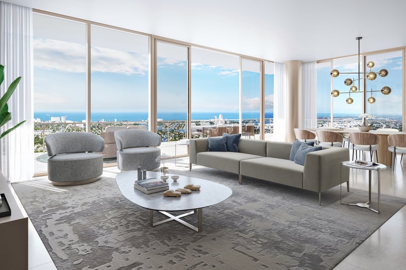 Andare Residences Fort Lauderdale living room with ocean view; luxury waterfront setting for ultra luxury preconstruction condos in Fort Lauderdale. Featuring modern.