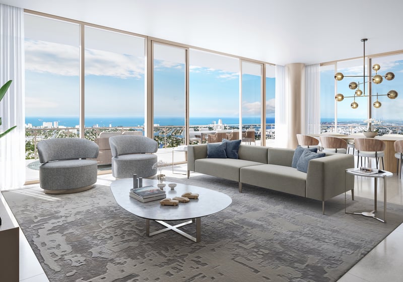 Andare Residences Fort Lauderdale living room with ocean view; luxury waterfront setting for ultra luxury preconstruction condos in Fort Lauderdale. Featuring modern.