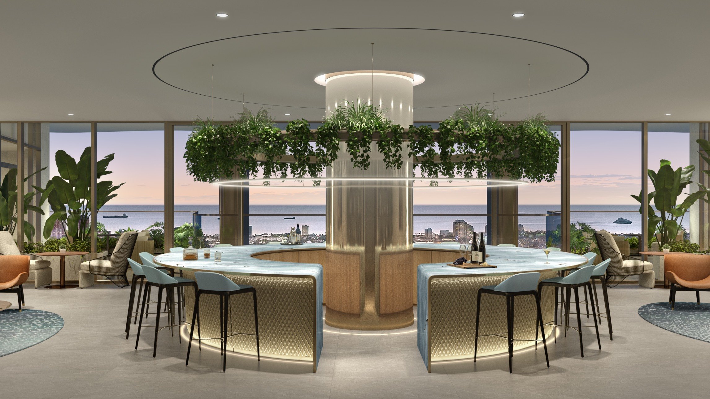 Andare Residences Fort Lauderdale lounge bar with ocean view; luxury amenity for ultra luxury preconstruction condos in downtown Fort Lauderdale. Featuring modern.