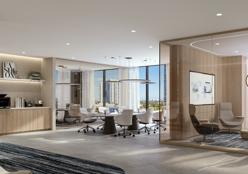 Andare Residences Fort Lauderdale private office interior; luxury workspace for ultra luxury preconstruction condos in downtown Fort Lauderdale. Featuring modern design.