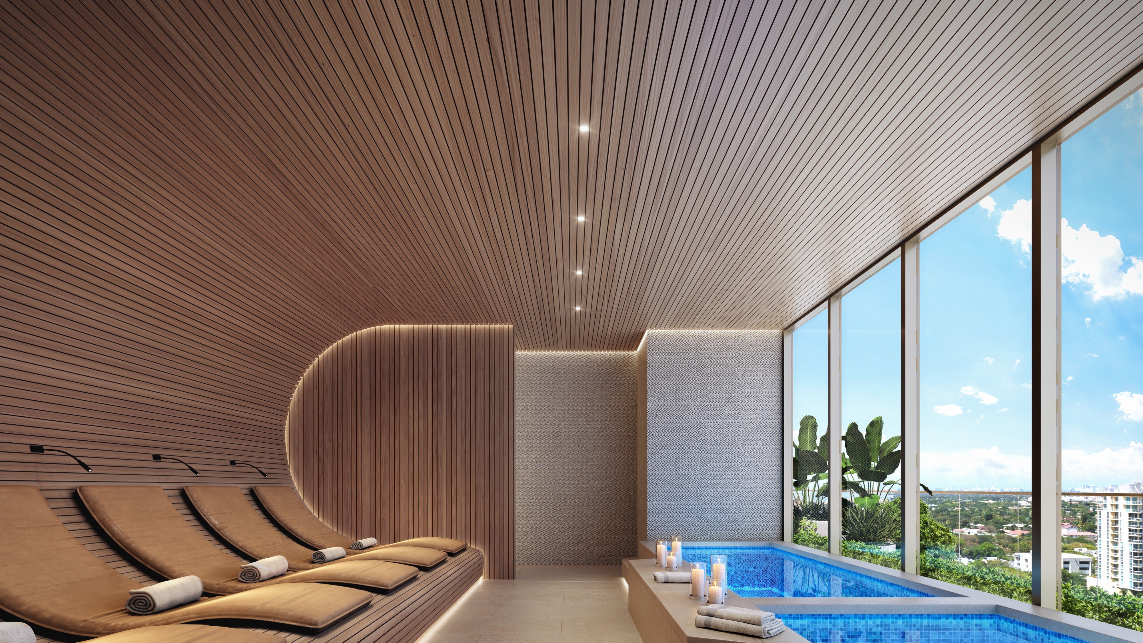 Andare Residences Fort Lauderdale spa relaxation room; luxury wellness amenity for ultra luxury preconstruction condos on the Fort Lauderdale waterfront. Featuring interior design.