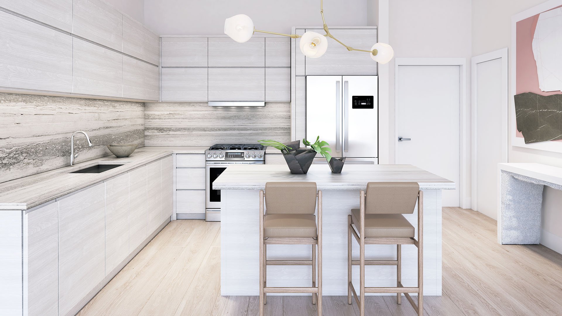 Chef kitchen with a waterfall island, stone backsplash, bar seating and full-height cabinetry at Arbor in Coconut Grove, presenting luxury and ultra luxury condos with bright modern finishes.