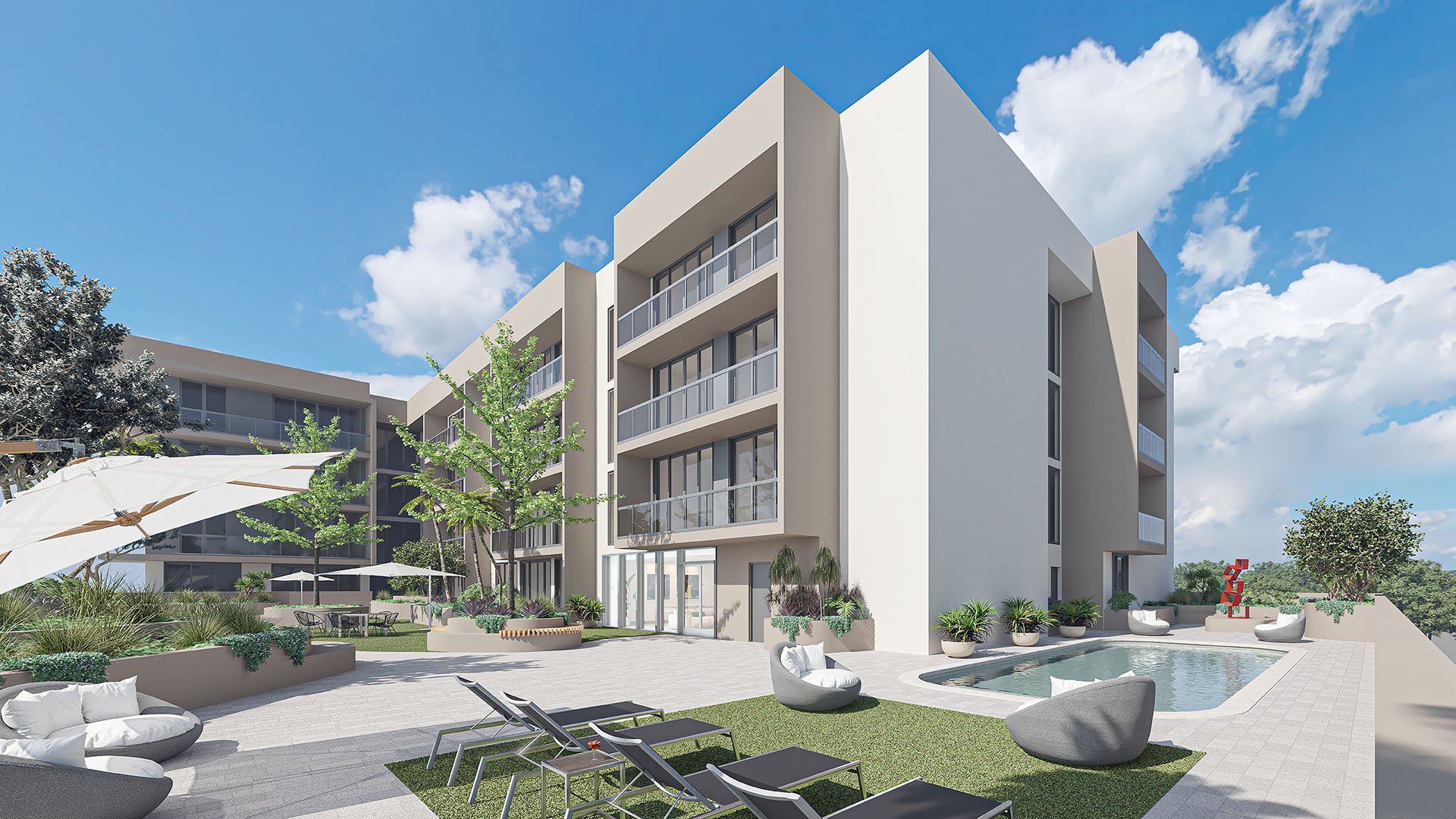 Landscaped courtyard pool deck with loungers, garden seating and low-rise building views at Arbor in Coconut Grove, highlighting luxury and ultra luxury condos with resort-style outdoor amenities.
