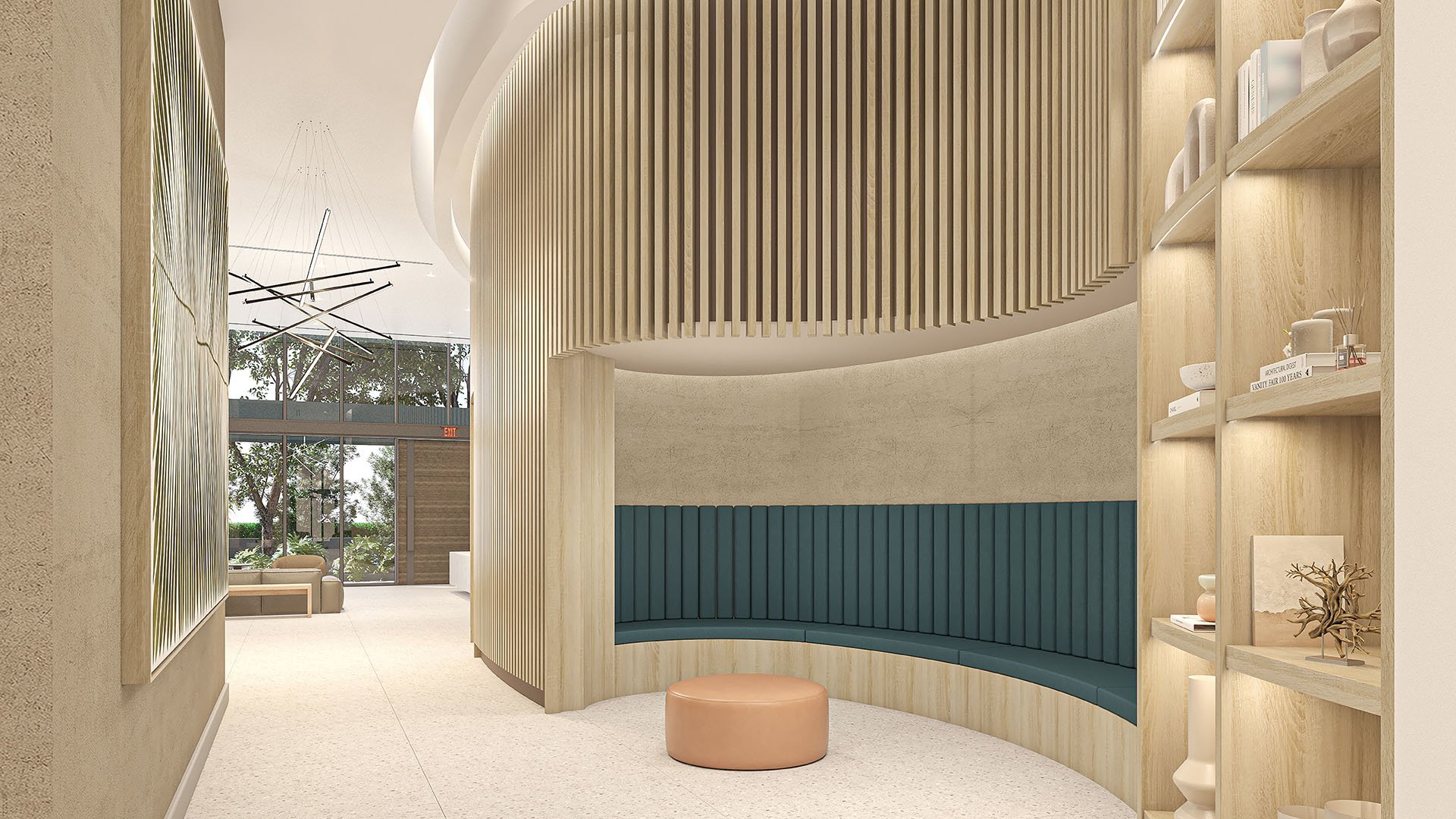 Curved banquette niche with built-in shelving and warm wood detailing at Arbor in Coconut Grove, showing luxury and ultra luxury condos with refined lobby seating and custom millwork.