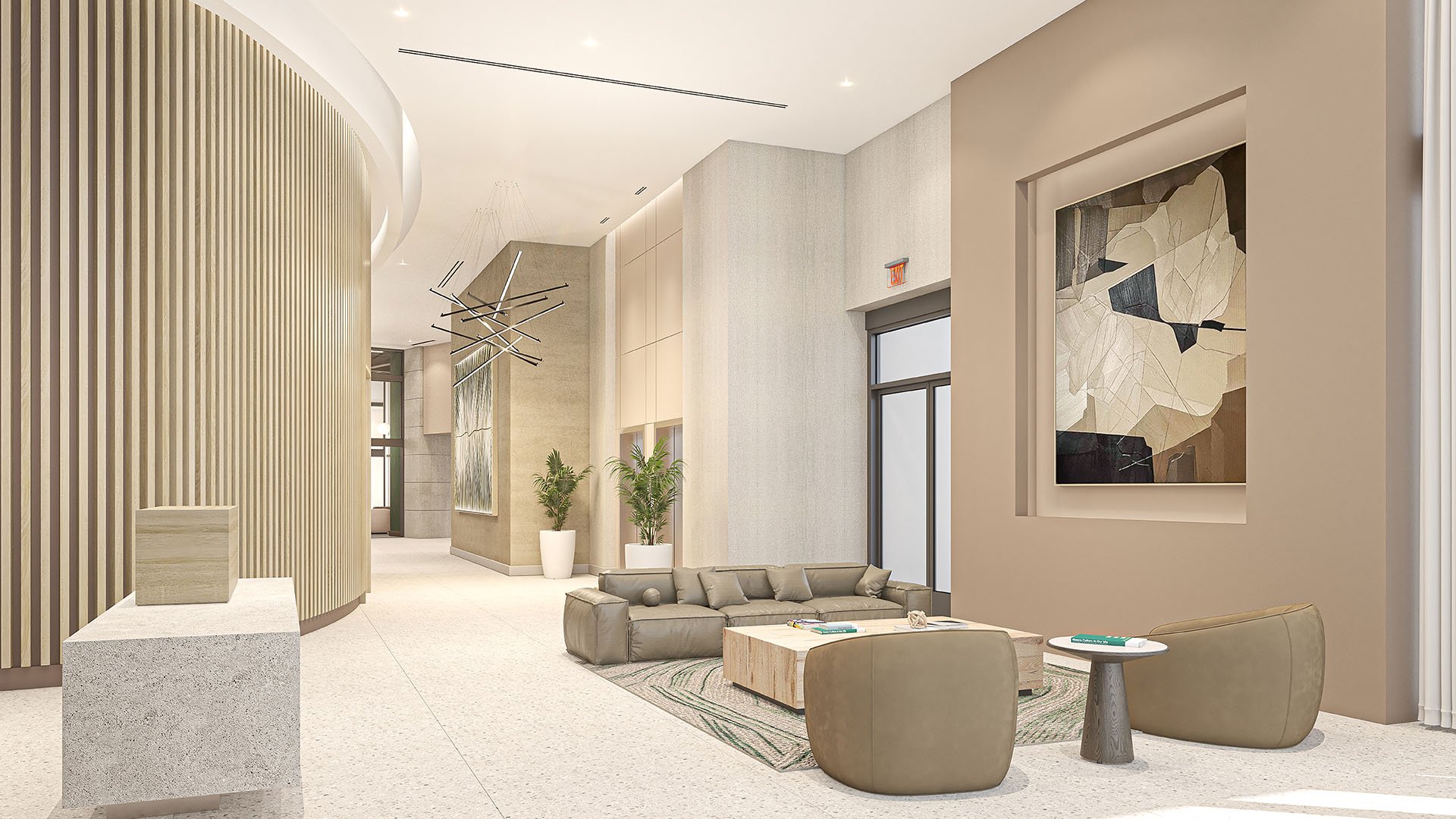 Curved lobby lounge with sculptural lighting, art walls and soft seating at Arbor in Coconut Grove, capturing luxury and ultra luxury condos with a warm boutique arrival experience.