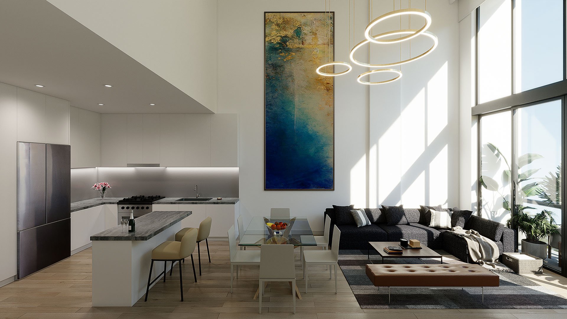 Double-height great room with ring pendant lighting, an open kitchen and full-height windows at Arbor in Coconut Grove, illustrating luxury and ultra luxury condos with dramatic volume and natural light.