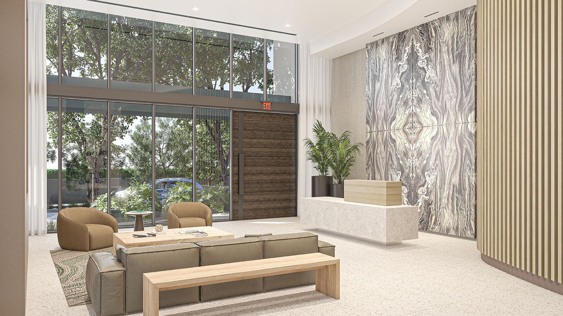 Double-height lobby with a reception desk, book-matched stone feature wall and floor-to-ceiling glass at Arbor in Coconut Grove, highlighting luxury and ultra luxury condos with a grand arrival.