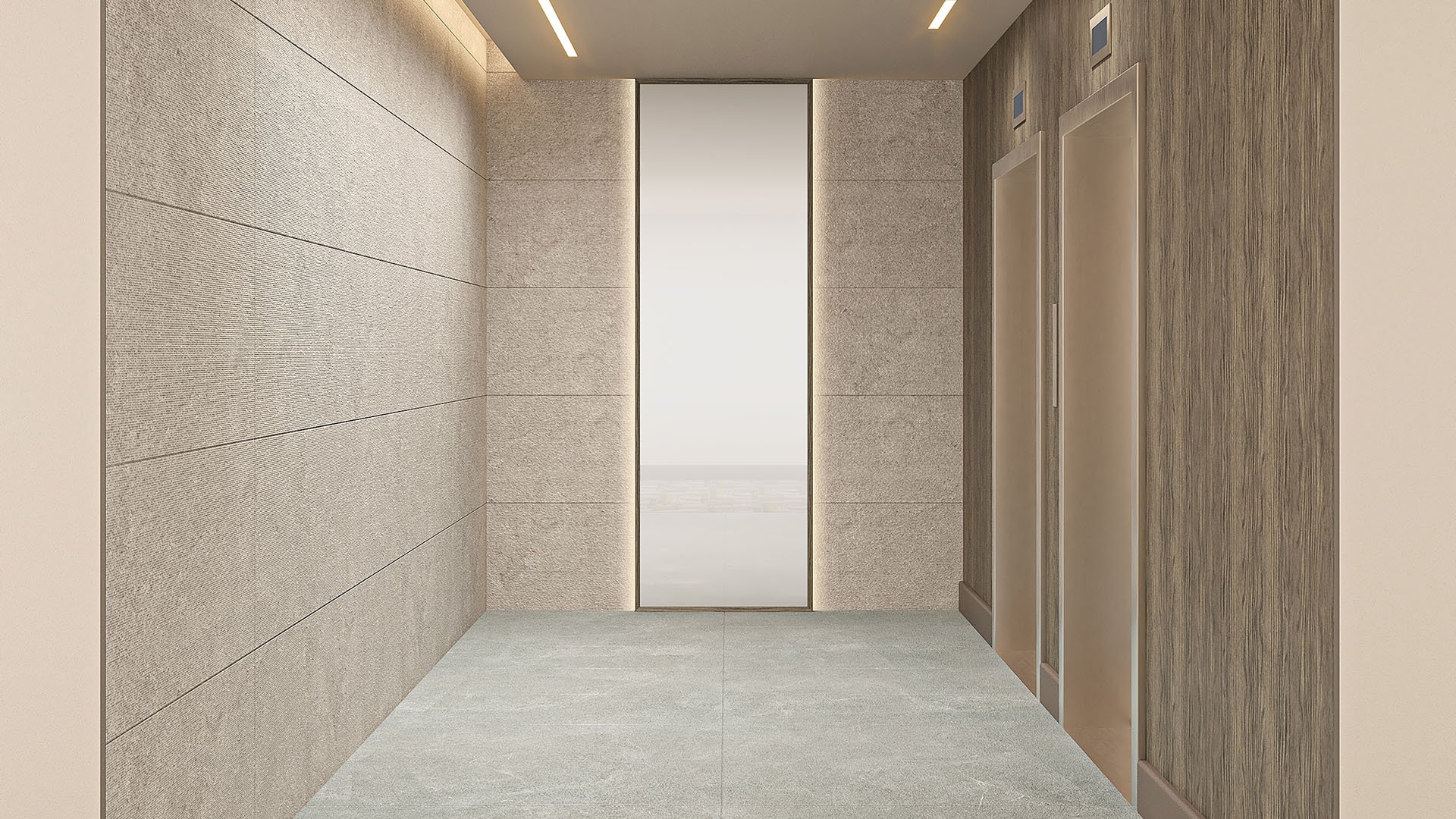 Elevator vestibule with stone walls, warm wood finishes and soft lighting at Arbor in Coconut Grove, reflecting luxury and ultra luxury condos with refined circulation spaces.