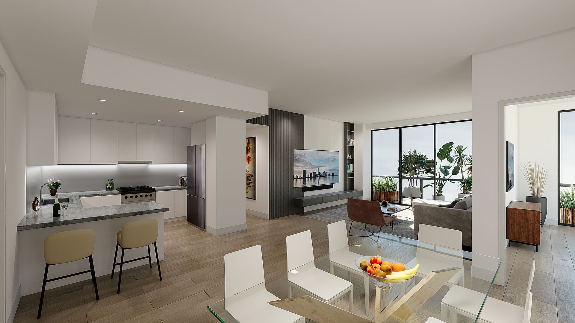 Open-plan residence with a kitchen, dining area, living room and terrace access at Arbor in Coconut Grove, representing luxury and ultra luxury condos with clean lines and generous natural light.