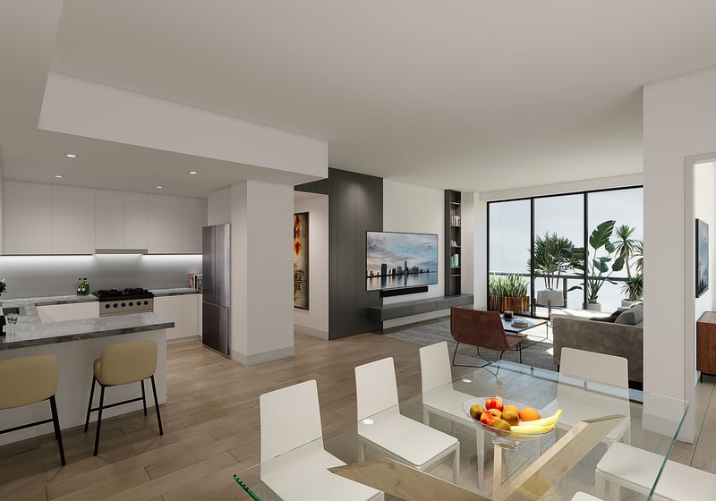 Open-plan residence with a kitchen, dining area, living room and terrace access at Arbor in Coconut Grove, representing luxury and ultra luxury condos with clean lines and generous natural light.