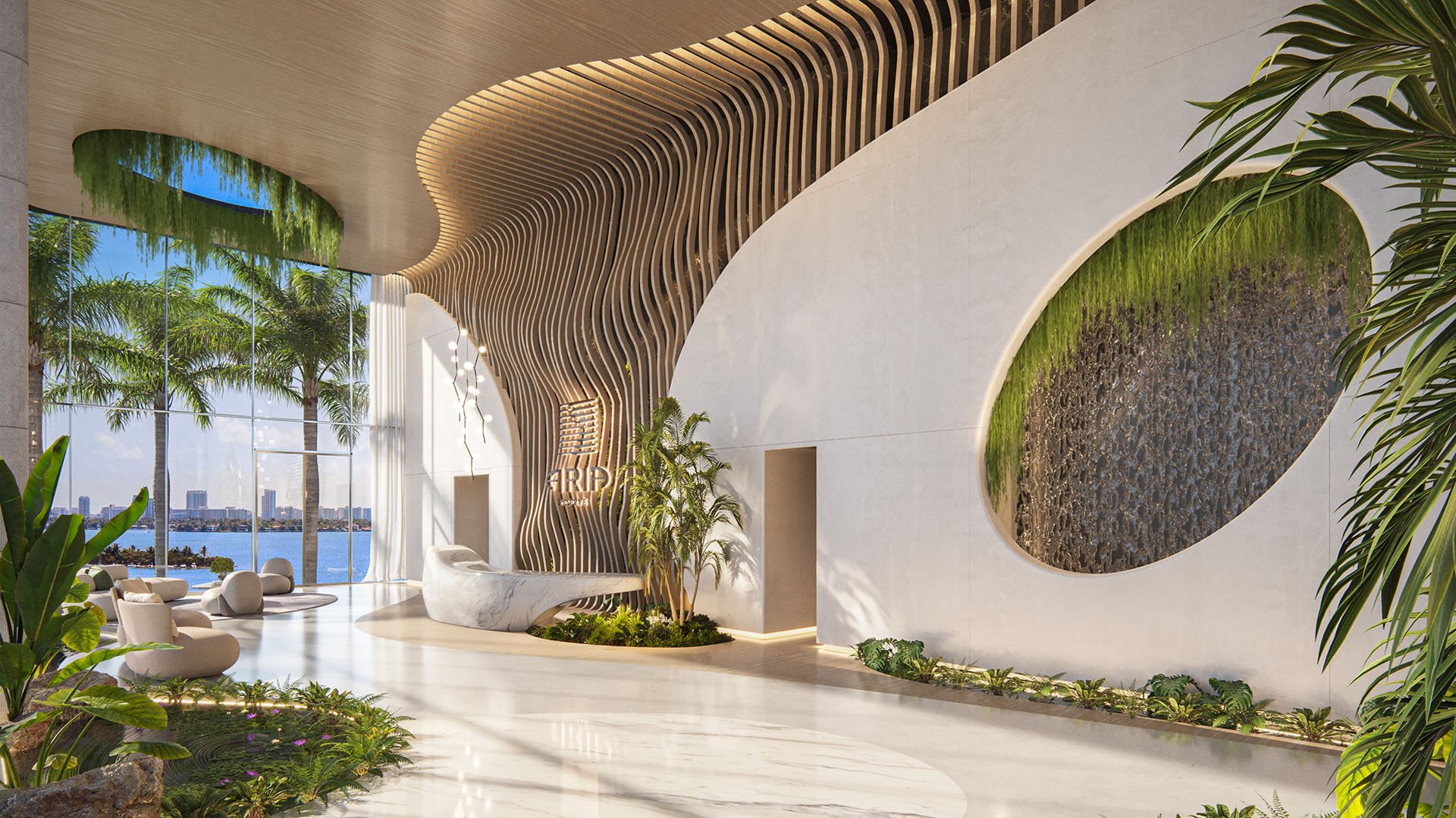Aria Reserve Edgewater Miami grand lobby with sculptural wood ceiling, curved concierge desk and water feature wall, bay views, showcasing luxury and ultra luxury preconstruction condos arrival experience.
