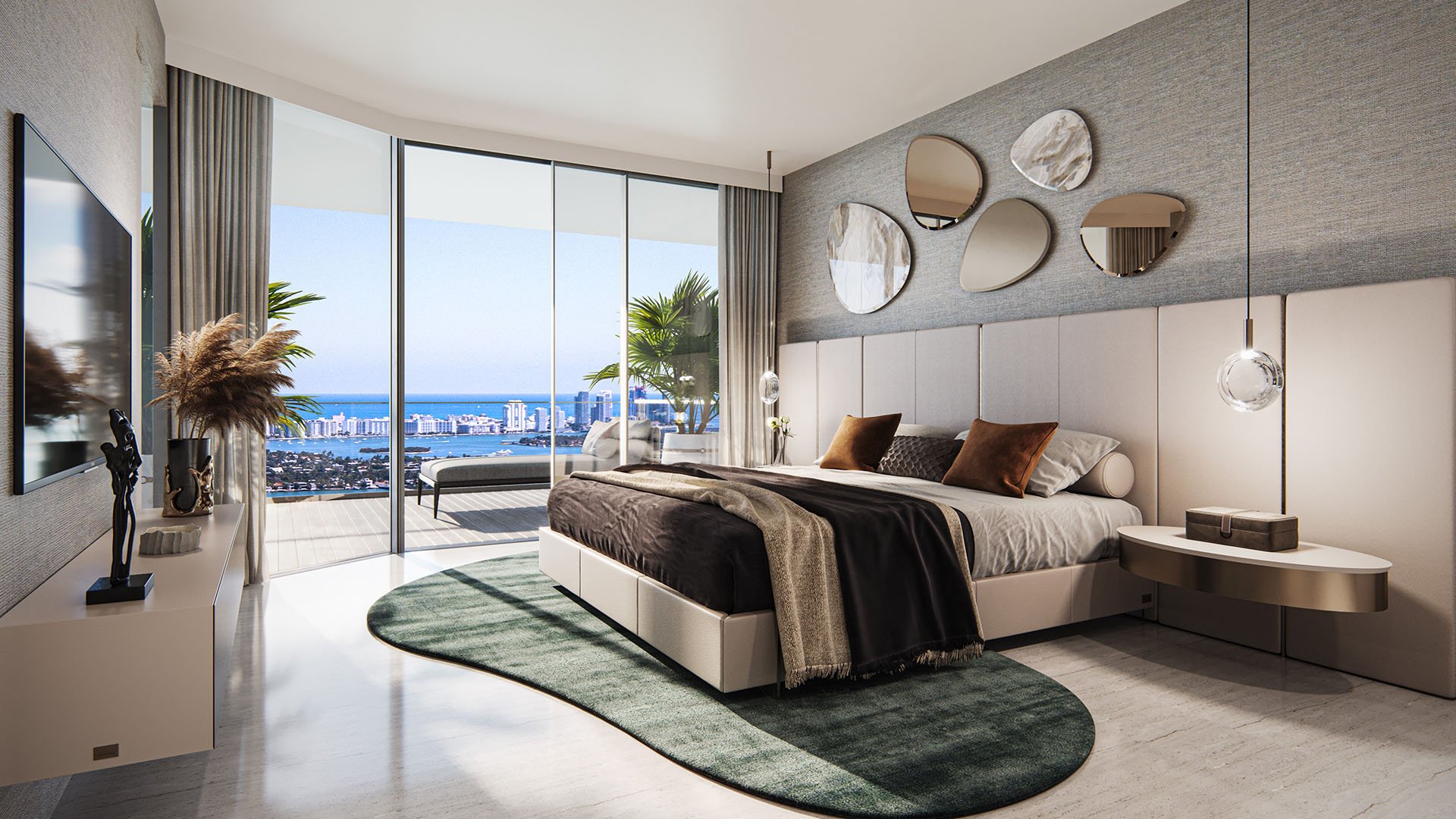 Aria Reserve Edgewater, Miami, Florida primary bedroom with floor-to-ceiling glass, balcony lounge and Biscayne Bay view, showcasing luxury and ultra luxury preconstruction condos with resort-style serenity.