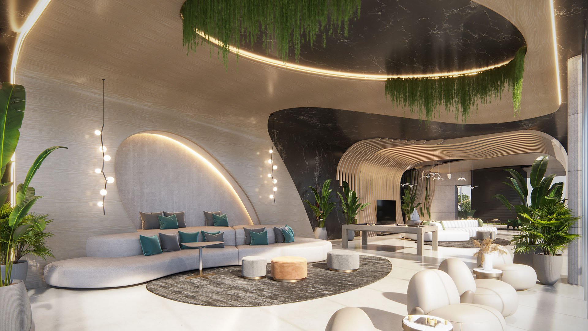 Sculptural lobby lounge at Aria Reserve, Edgewater Miami, Florida with curved sofas, integrated lighting, hanging greenery and modern art, highlighting luxury and ultra luxury preconstruction condos with hotel-style amenities.