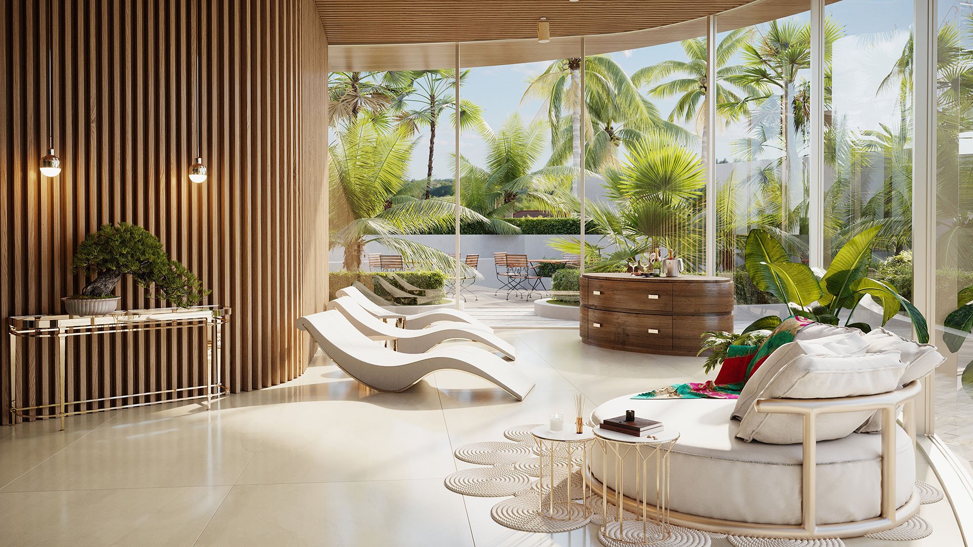 Aria Reserve Edgewater, Miami, Florida wellness lounge with chaise loungers, wood slat walls, daybed seating and glass views to palm gardens, showcasing luxury and ultra luxury preconstruction condos spa amenities.