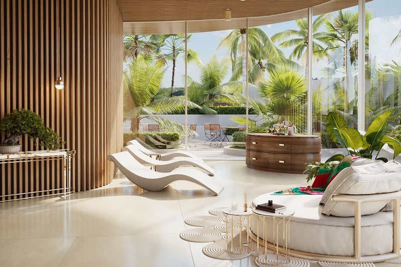 Aria Reserve Edgewater, Miami, Florida wellness lounge with chaise loungers, wood slat walls, daybed seating and glass views to palm gardens, showcasing luxury and ultra luxury preconstruction condos spa amenities.