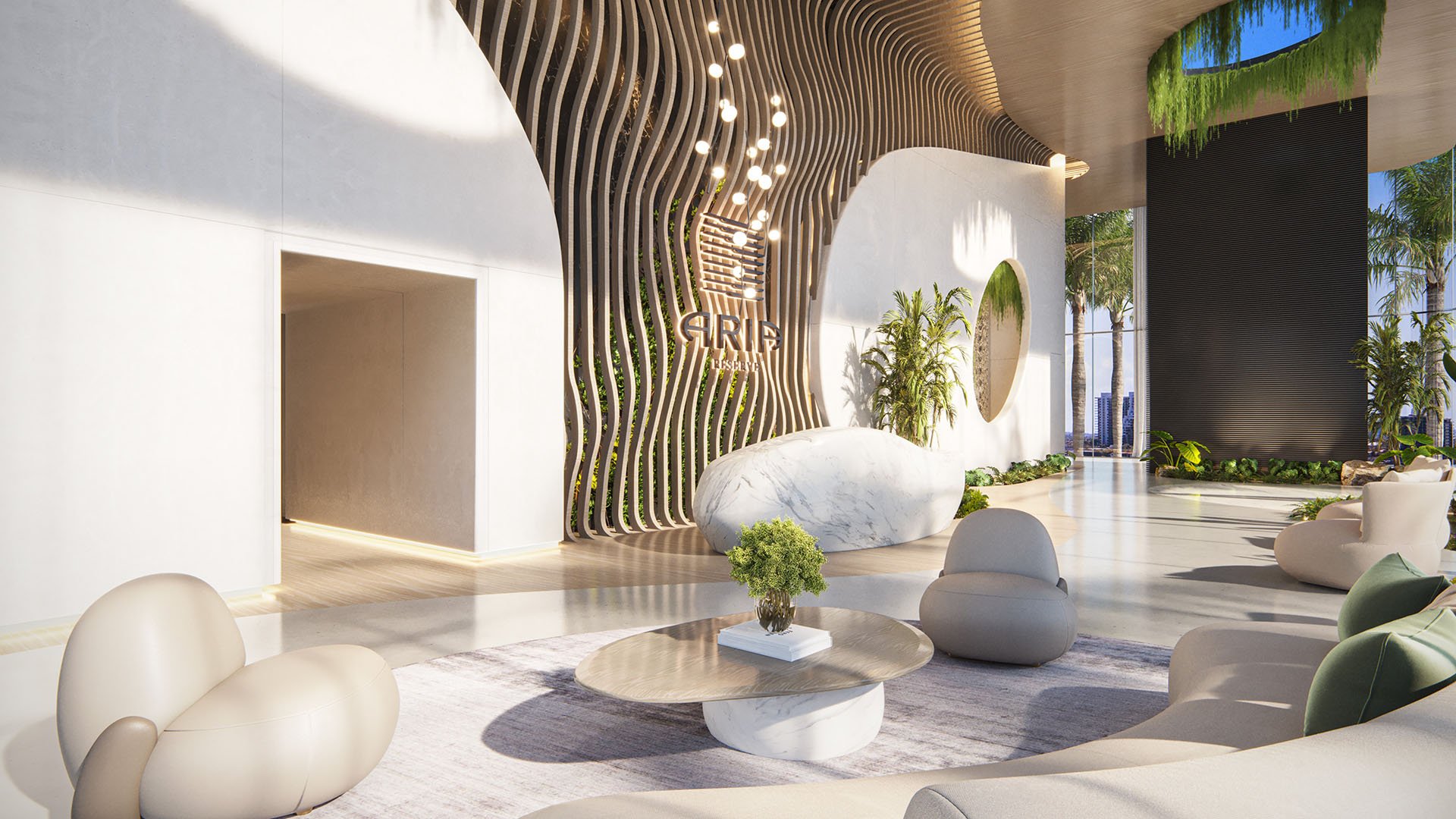 Aria Reserve Edgewater Miami grand lobby with wavy wood feature wall, marble reception desk and lush greenery, setting the arrival experience for luxury and ultra luxury preconstruction condos on Biscayne Bay.
