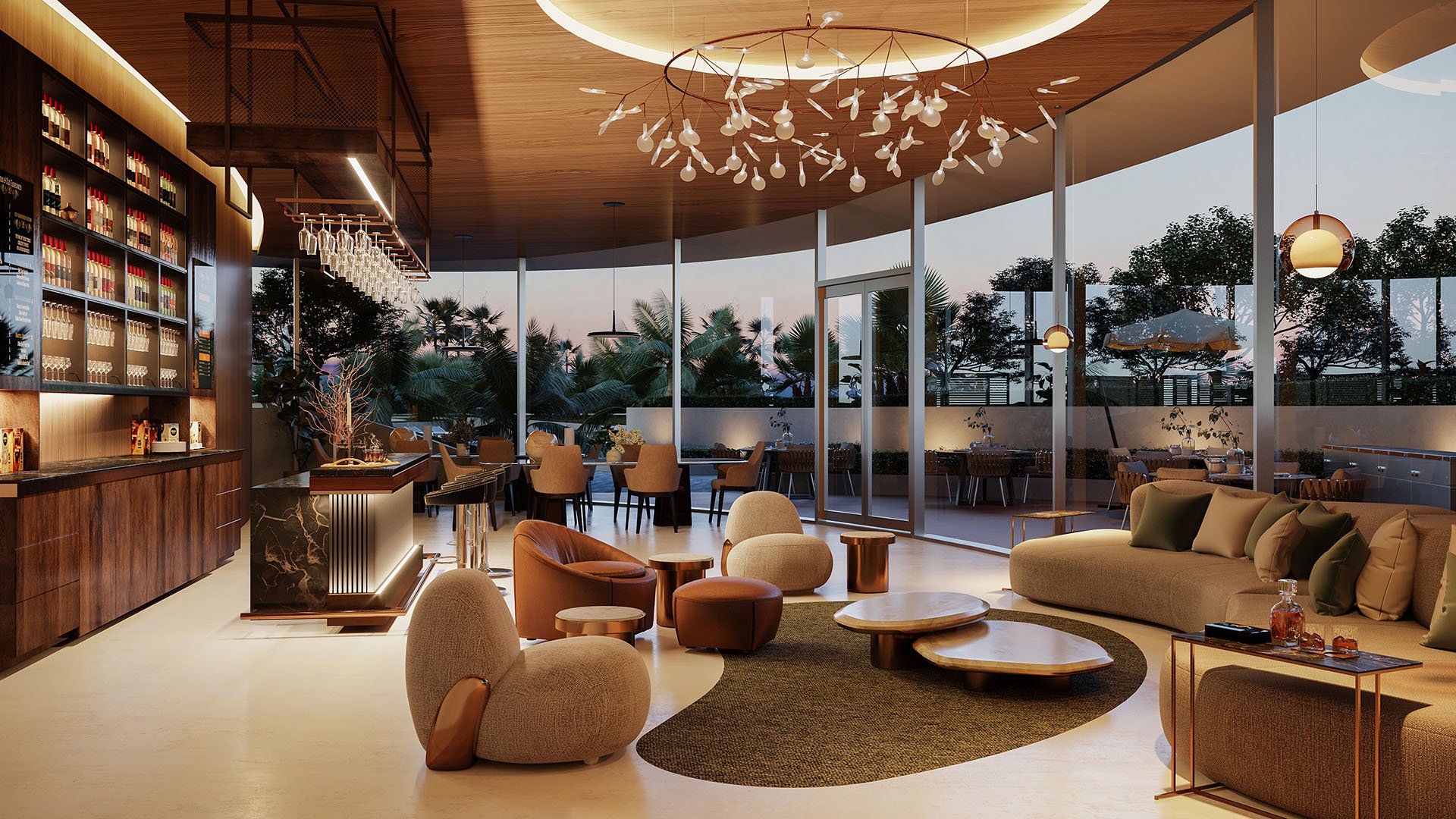 Aria Reserve Edgewater Miami cocktail lounge and bar at dusk with wood ceiling, statement chandelier and indoor-outdoor seating, showcasing luxury and ultra luxury preconstruction condos amenities for entertaining.