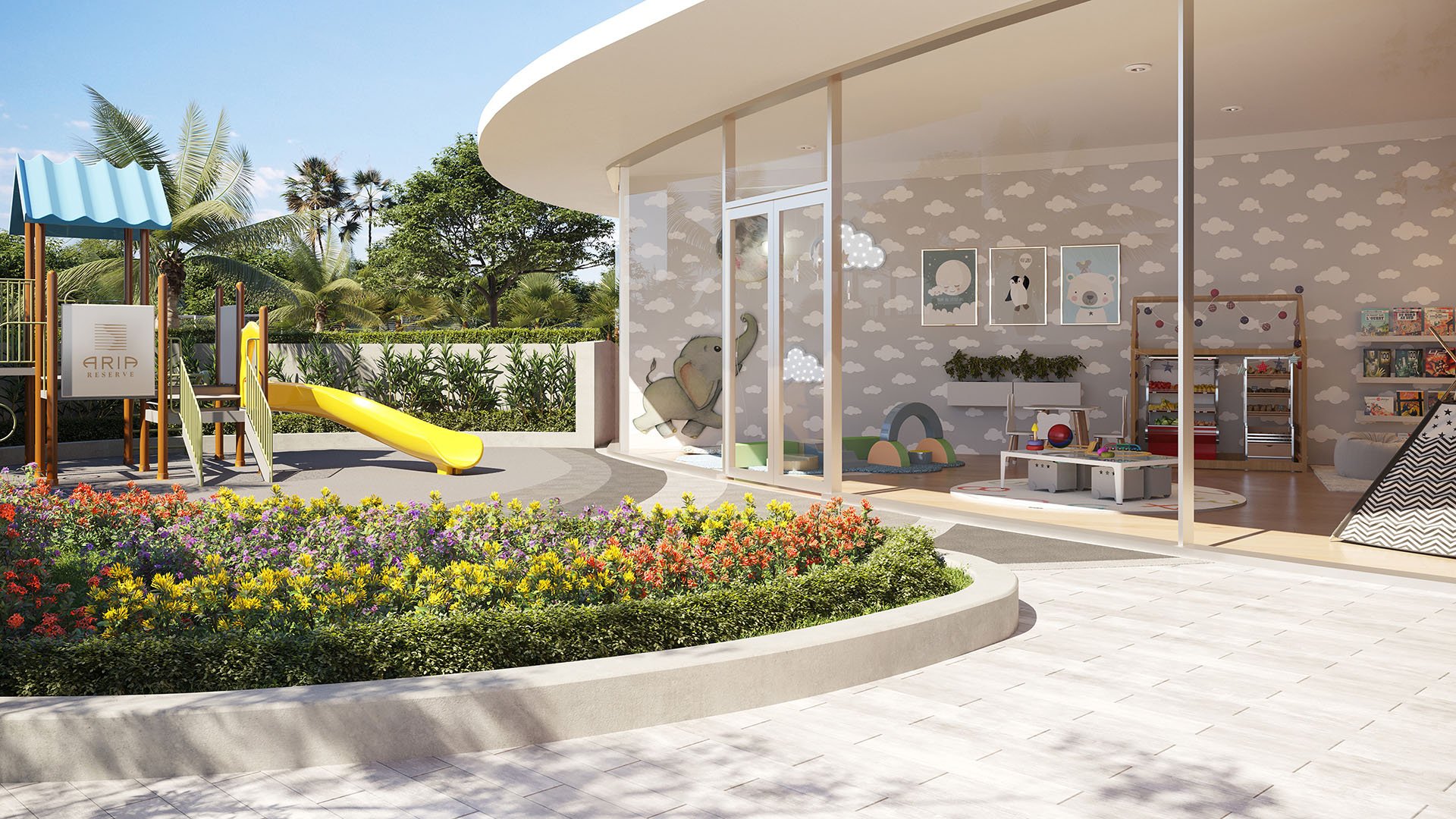 Aria Reserve Edgewater Miami kids playground and indoor playroom, a family-friendly amenity for luxury and ultra luxury preconstruction condos, featuring slides, shaded seating, and landscaped children's garden.
