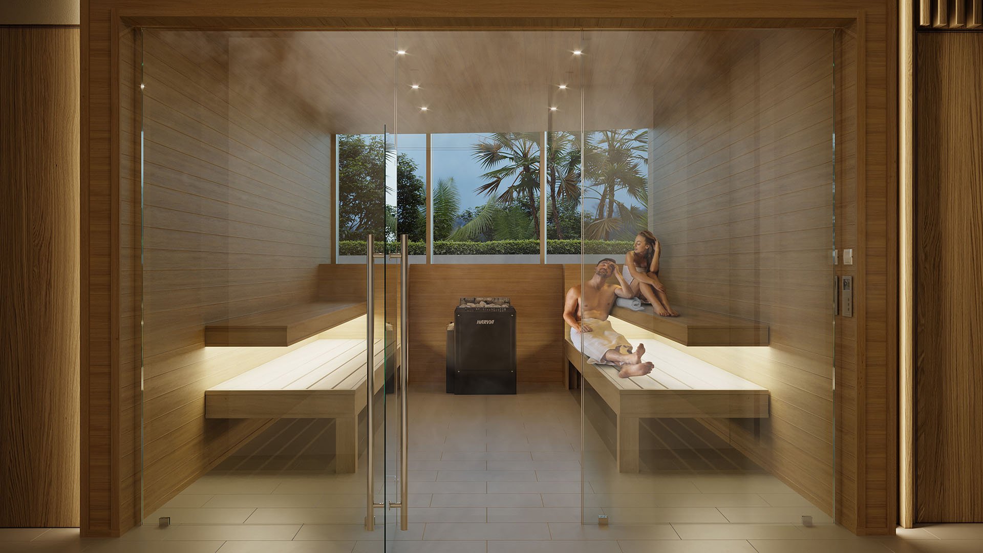 Aria Reserve Edgewater Miami spa sauna with wood benches and garden views, showcasing luxury and ultra luxury preconstruction condos with full wellness amenities and relaxing steam/sauna experience.