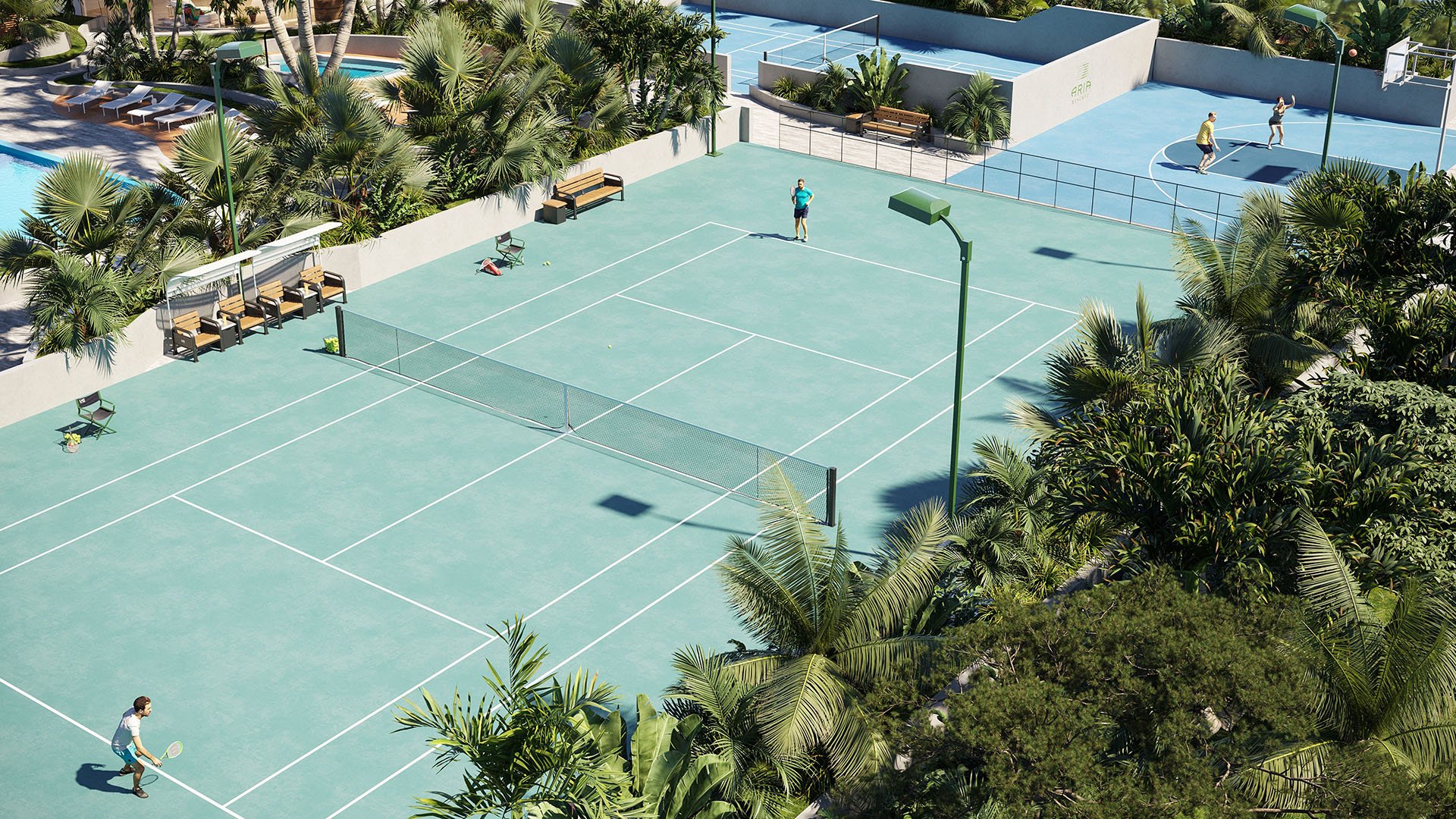 Aria Reserve Edgewater Miami tennis courts surrounded by tropical landscaping, showcasing luxury and ultra luxury preconstruction condos with private sports amenities including tennis and basketball courts.