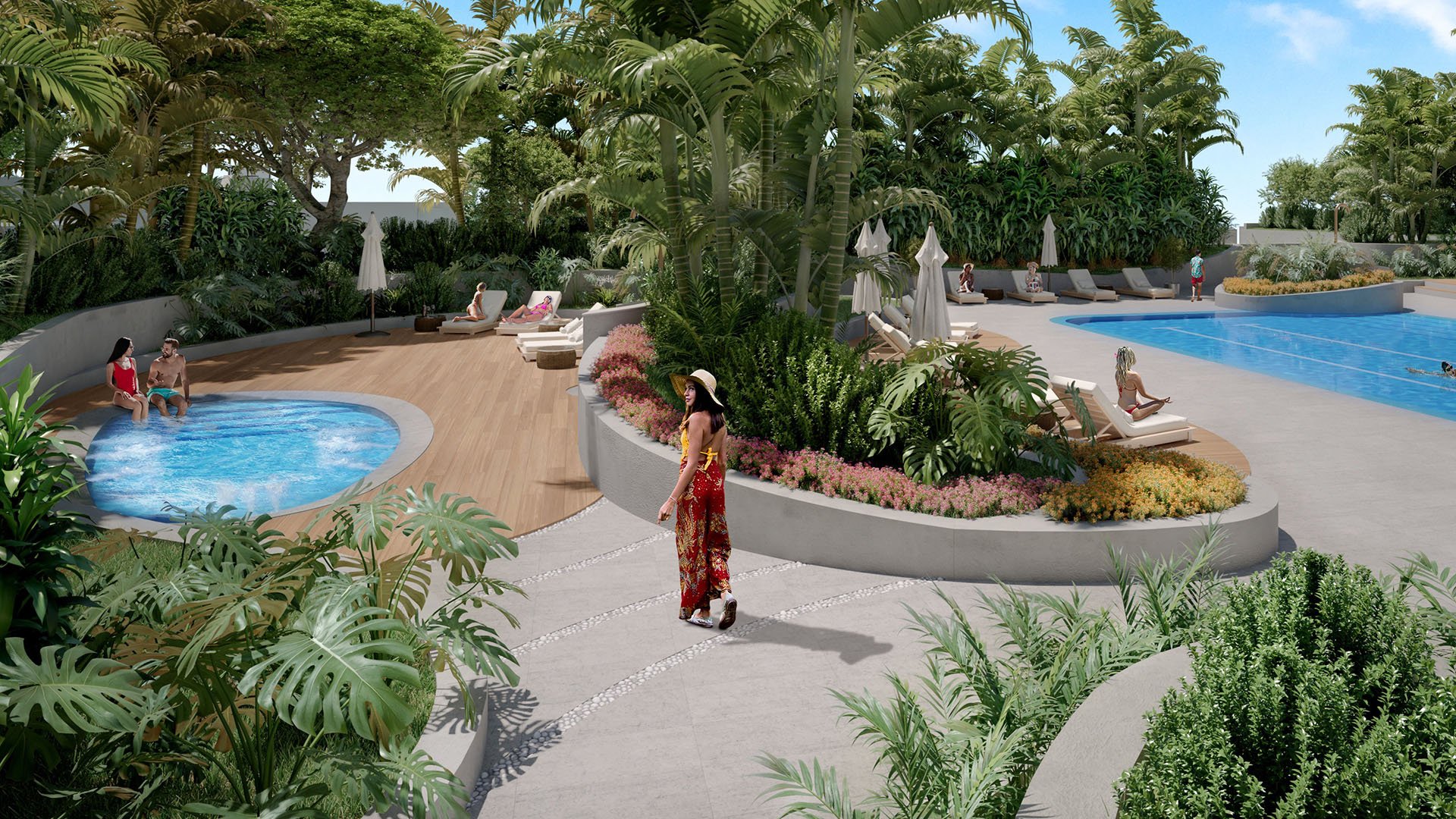Aria Reserve Edgewater, Miami tropical pool terrace with circular spa, sun loungers and lush landscaping, highlighting luxury and ultra luxury preconstruction condos amenities for resort-style relaxation.