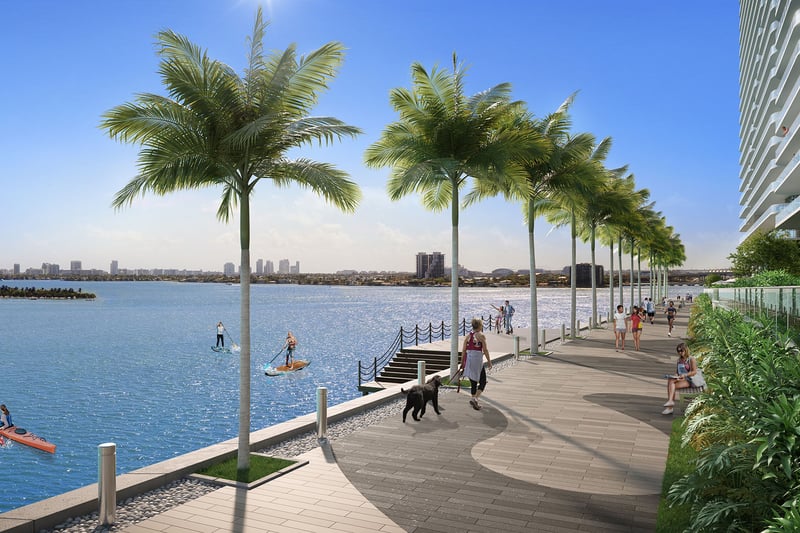 Aria Reserve Edgewater, Miami waterfront promenade with palm-lined baywalk, residents strolling and paddleboarders on Biscayne Bay, representing luxury and ultra luxury preconstruction condos with active outdoor living.