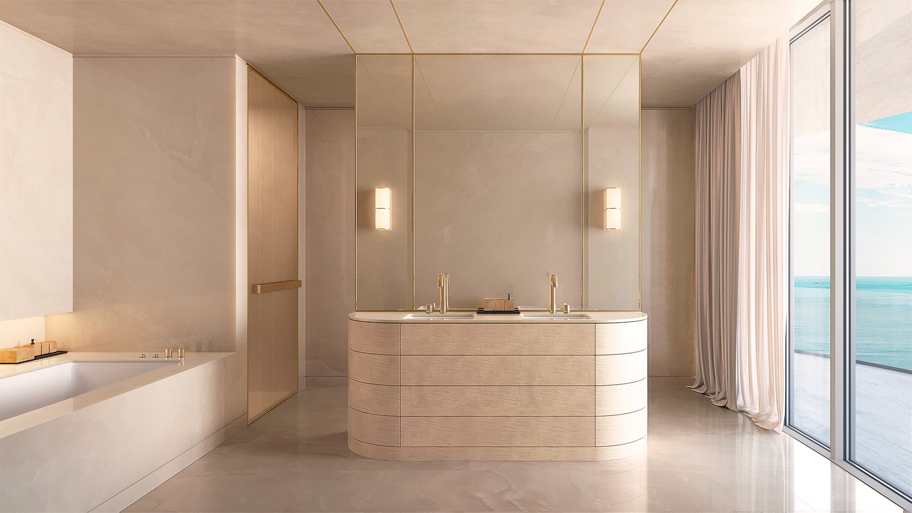 Armani Casa Pompano Beach. Modern, minimalist bathroom with a double sink vanity, large mirror, bathtub, and floor-to-ceiling windows overlooking the ocean. Featuring interior and view.