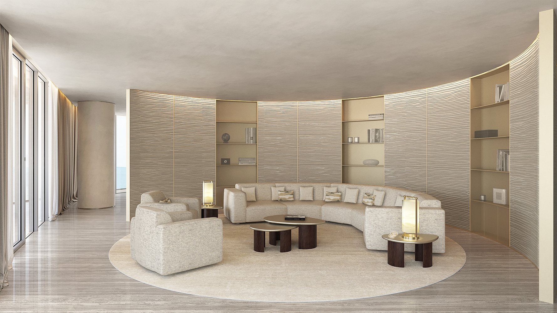 Armani Casa Pompano Beach luxury oceanfront condos in Florida featuring ultra luxury interior design and elegant living spaces in an exclusive preconstruction development. Featuring modern and room.