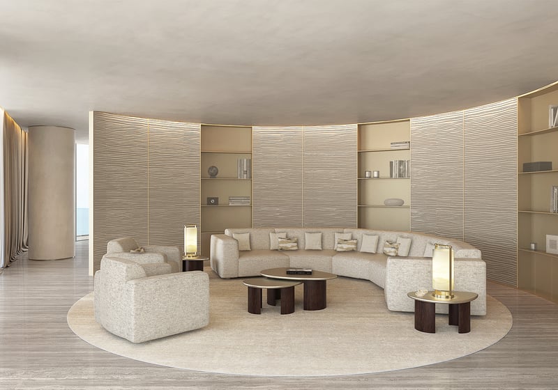 Armani Casa Pompano Beach luxury oceanfront condos in Florida featuring ultra luxury interior design and elegant living spaces in an exclusive preconstruction development. Featuring modern and room.