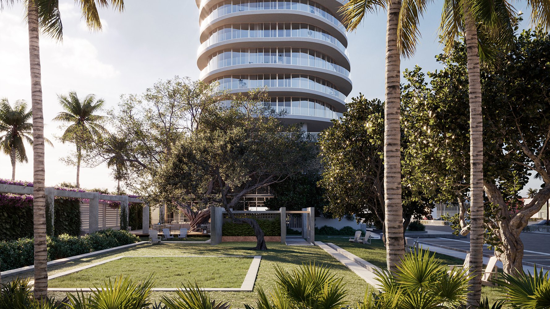 Armani Casa Pompano Beach luxury condos surrounded by tropical gardens and contemporary landscape design, representing ultra luxury coastal living in Florida’s preconstruction market. Featuring modern, residential, and garden.