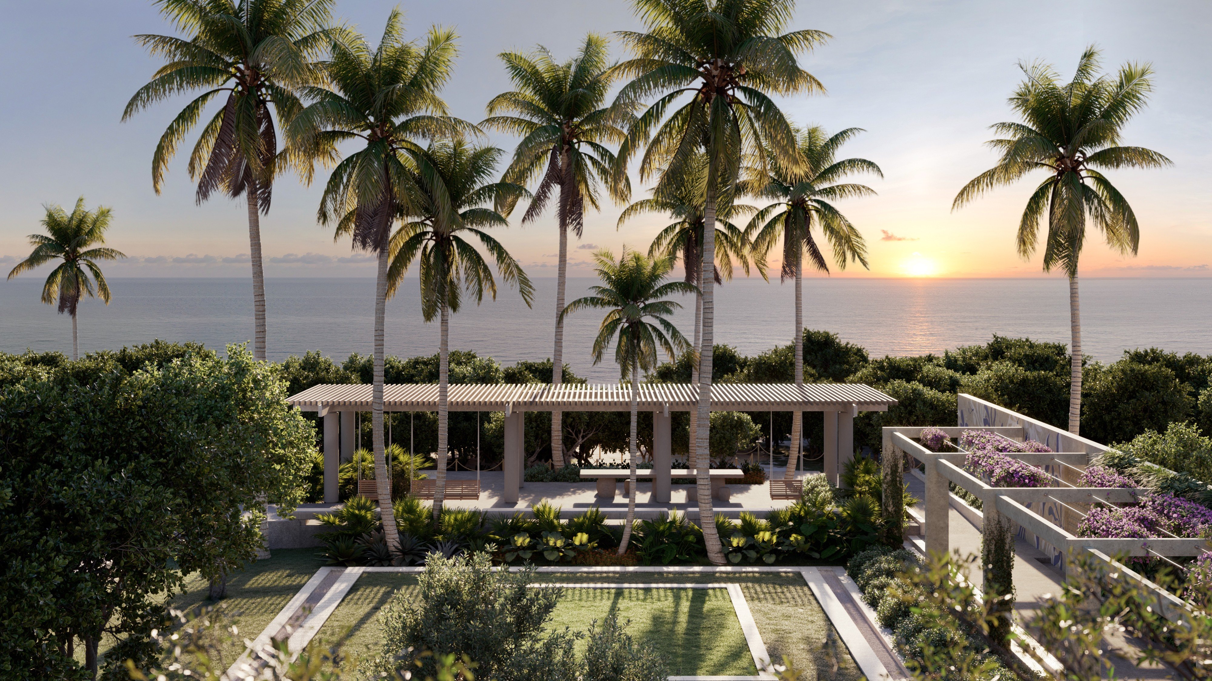 Armani Casa Pompano Beach. A tropical beachfront villa with palm trees, lush gardens, and ocean views at sunset. Featuring view.