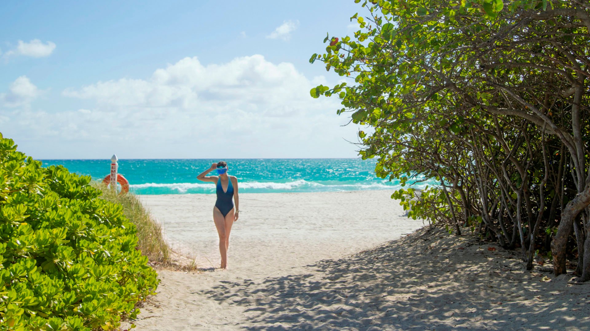 Beach access at Arte Surfside, Surfside, Florida, showing luxury and ultra luxury condos with a sandy path through sea grape trees opening directly to the shoreline.