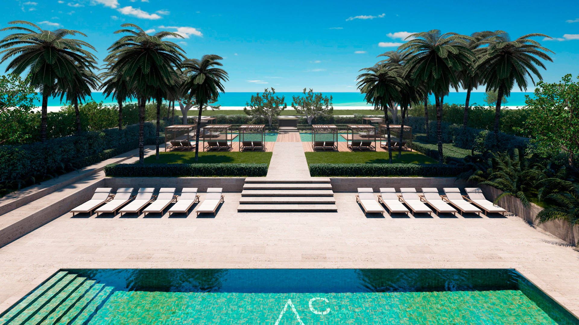 Beachfront pool terrace at Arte Surfside, Surfside, Florida, highlighting luxury and ultra luxury condos with palms, sun loungers, a central promenade, and ocean views.