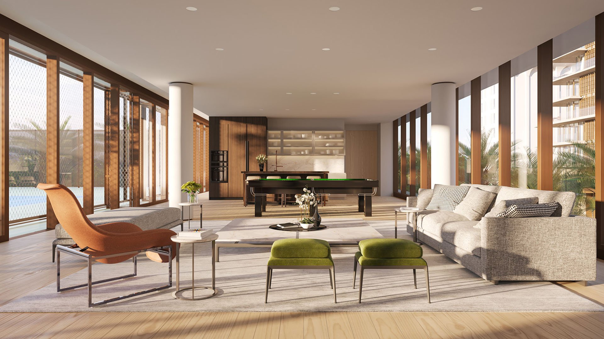 Resident lounge at Arte Surfside, Surfside, Florida, where luxury and ultra luxury condos include billiards, soft seating, and full-height windows with coastal light.