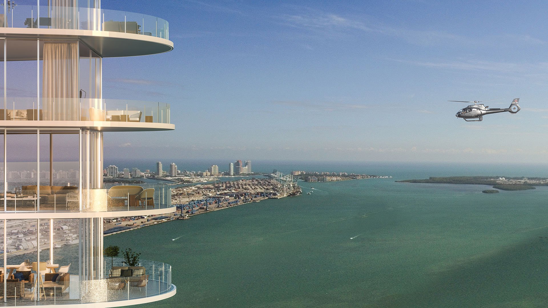 Aston Martin Residences in Downtown Miami luxury and ultra luxury condos curved glass terrace overlooking the bay, with helicopter traffic visible over the water.