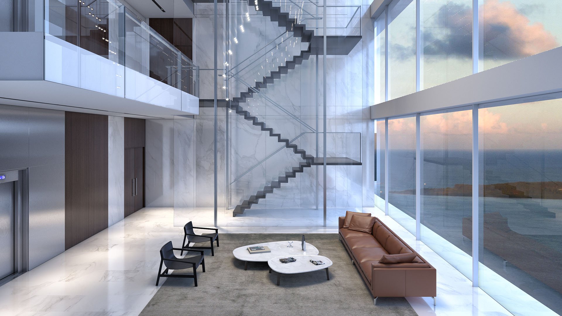 Aston Martin Residences in Downtown Miami luxury and ultra luxury condos glass atrium lounge with a floating staircase, double-height windows, and a waterfront backdrop.