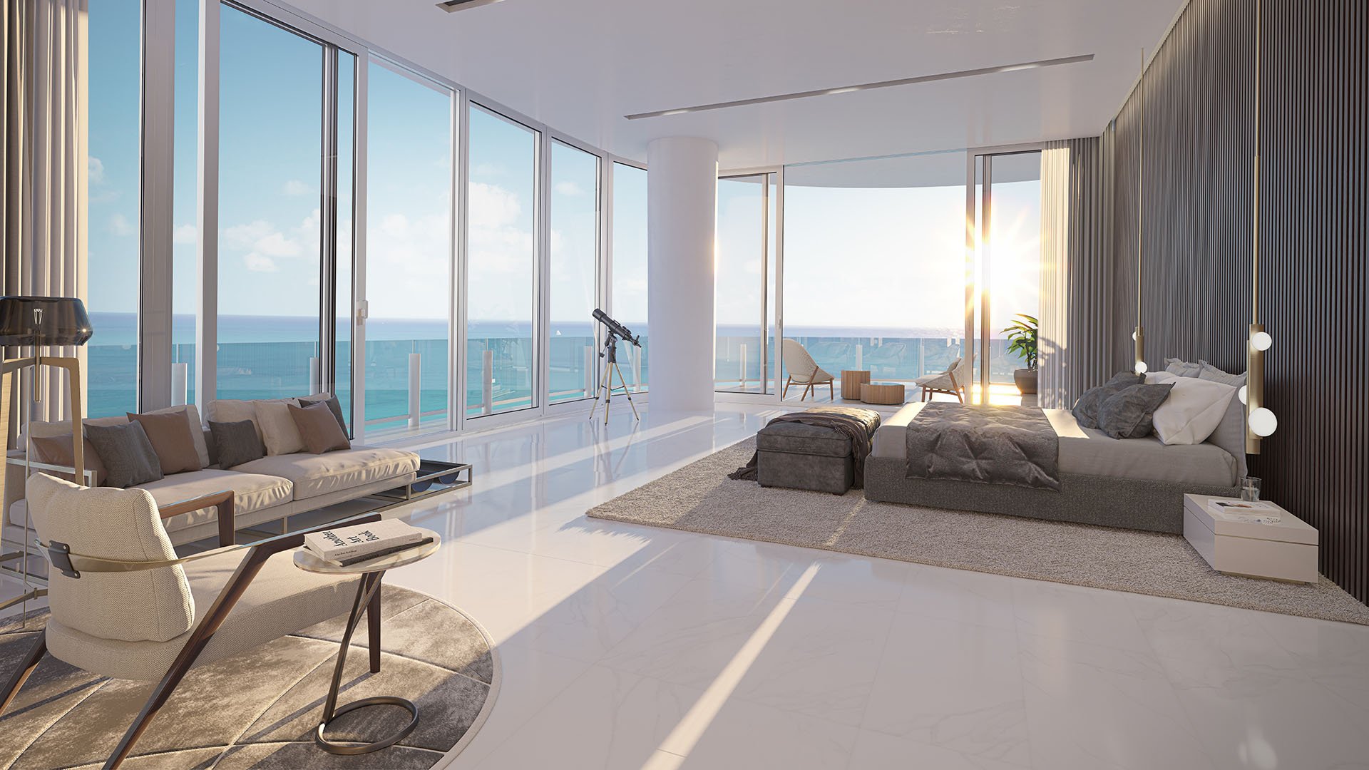 Aston Martin Residences in Downtown Miami luxury and ultra luxury condos open bedroom lounge with wraparound glass, terrace seating, and broad water views.