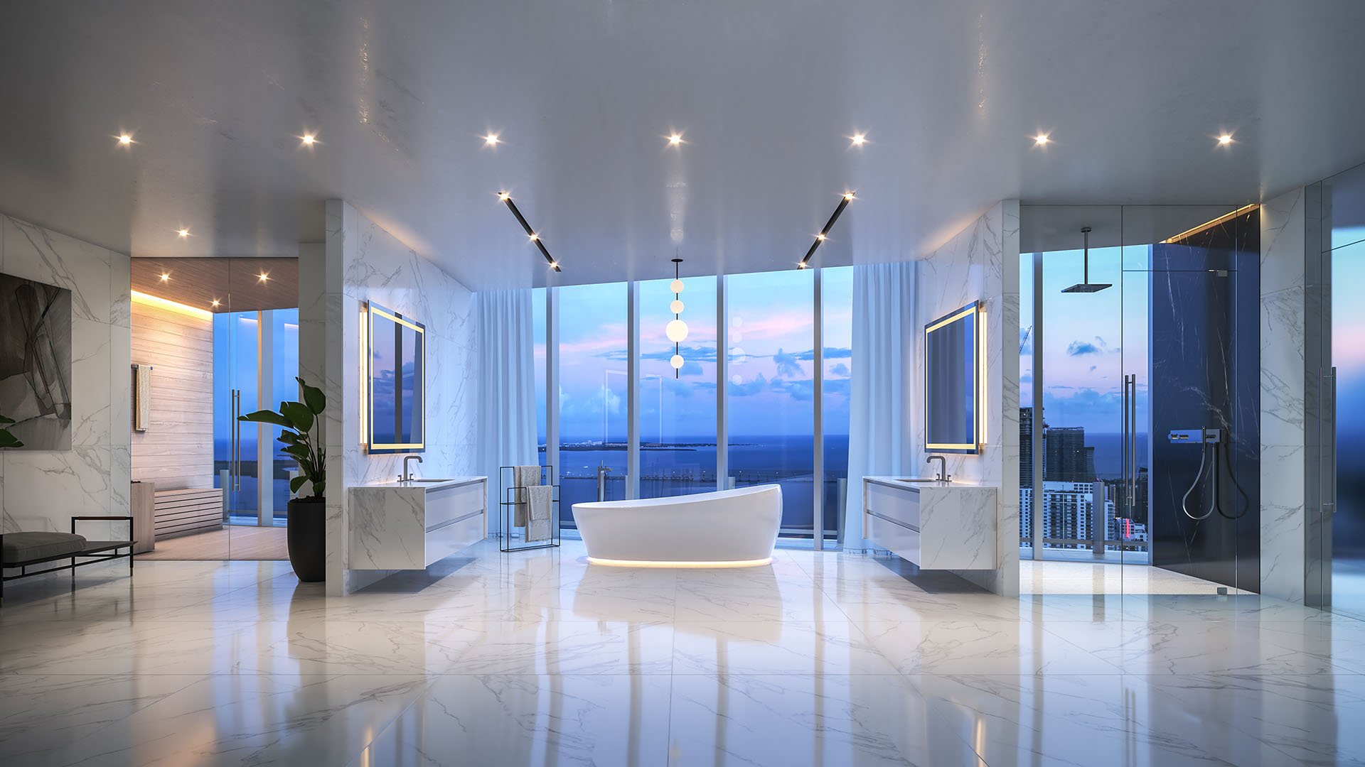Aston Martin Residences in Downtown Miami luxury and ultra luxury condos spa bathroom with a freestanding tub, glass shower, dual vanities, and twilight skyline views.