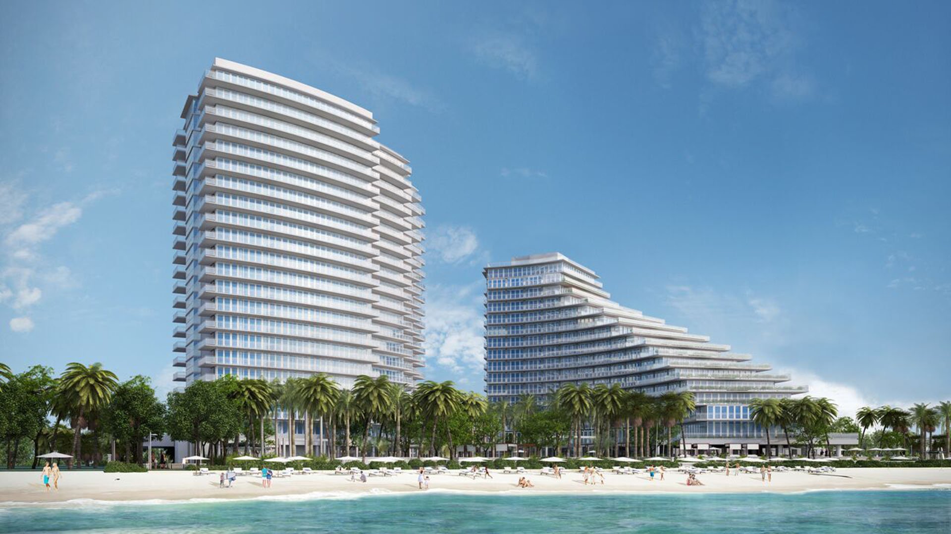 Auberge Beach Residences, Fort Lauderdale luxury and ultra luxury condos curved condo exterior with sleek beachfront towers rising directly from the palm-lined shore.