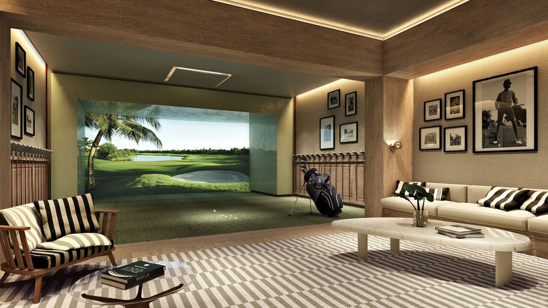 Auberge Beach Residences, Fort Lauderdale luxury and ultra luxury condos golf simulator lounge with club seating, framed artwork, and an immersive indoor fairway screen.