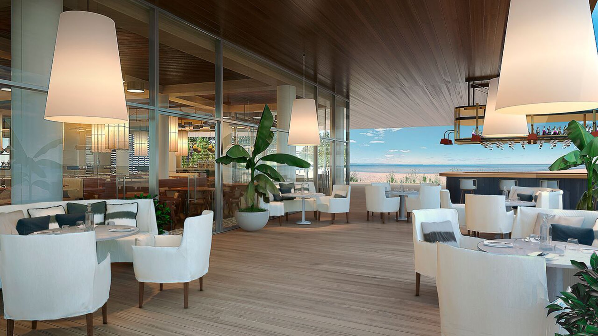 Auberge Beach Residences, Fort Lauderdale luxury and ultra luxury condos oceanfront restaurant terrace dining room with covered seating, soft lighting, and beach views.