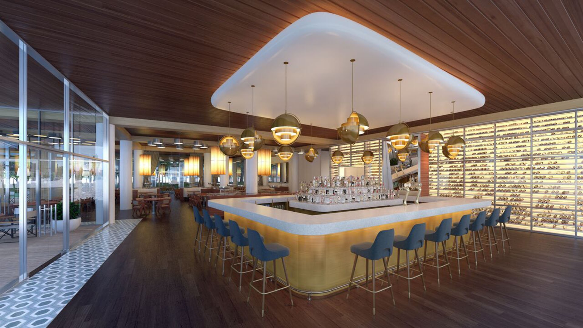 Auberge Beach Residences, Fort Lauderdale luxury and ultra luxury condos restaurant bar lounge with a glowing central bar, dramatic lighting, and a full wine wall.